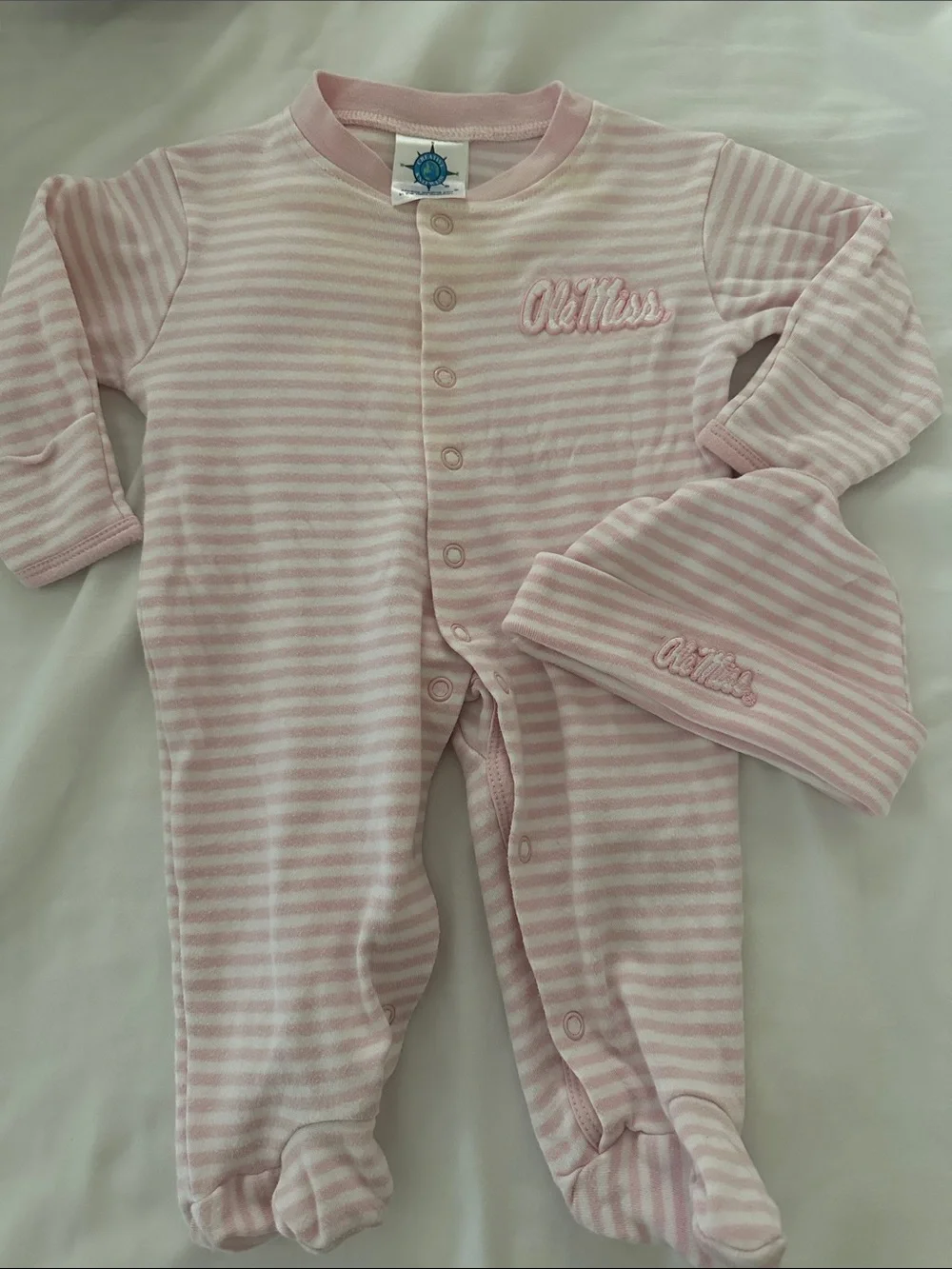 Ole Miss Pink Striped Baby Footie with Matching Hat